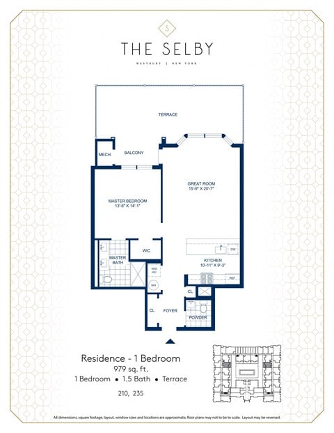 Floor plan for 1 bed, 1.5 baths, 979 sqft